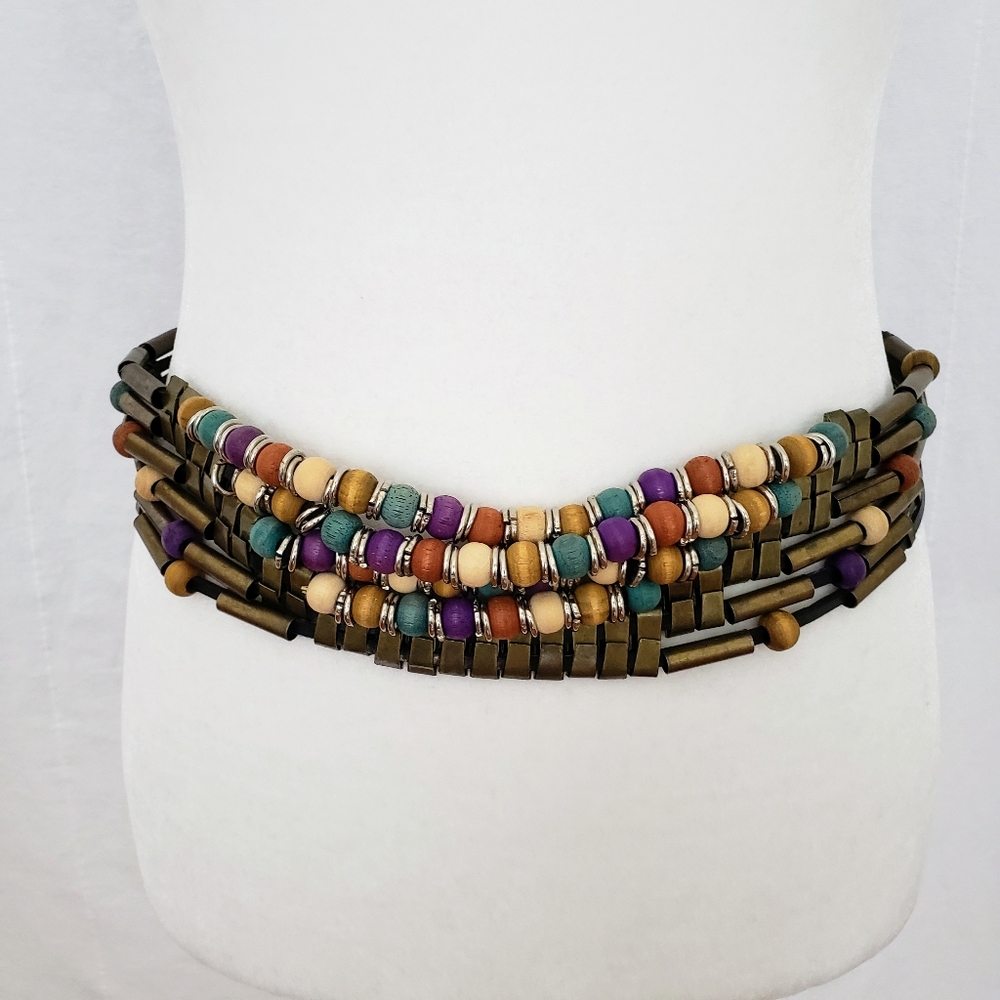 Vintage Beaded Bronze and Wood Boho Belt